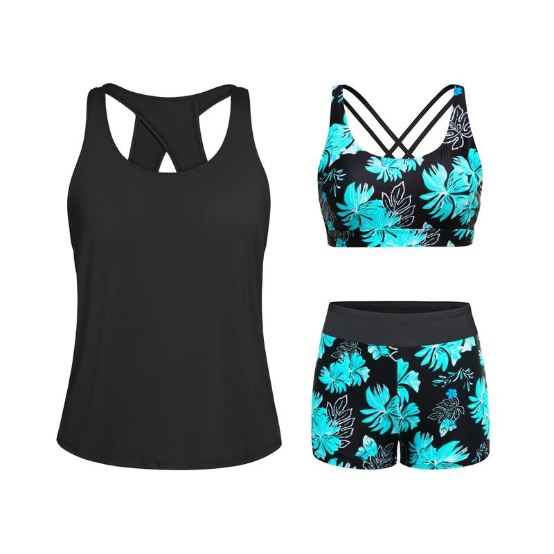 Tempt Me Three Piece Tankini Swimsuits for Women Athletic Bathing Suits Swim Tank Top with Boy Shorts and Bra Modest Swimwear #Outdoorfun Fathersdaygift