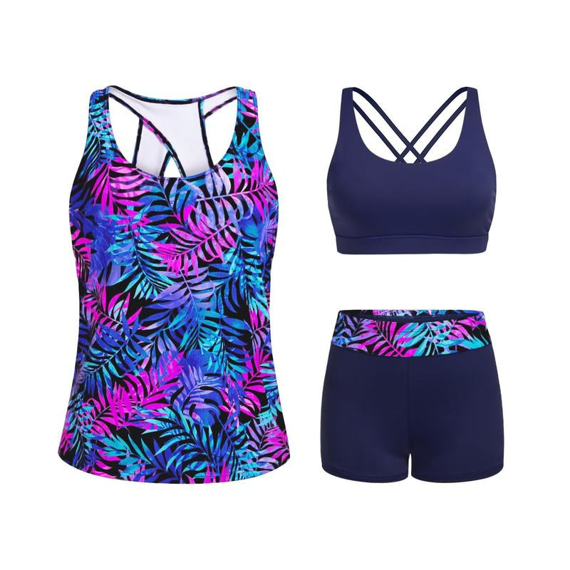 Tempt Me Three Piece Tankini Swimsuits for Women Athletic Bathing Suits Swim Tank Top with Boy Shorts and Bra Modest Swimwear #Outdoorfun Fathersdaygift