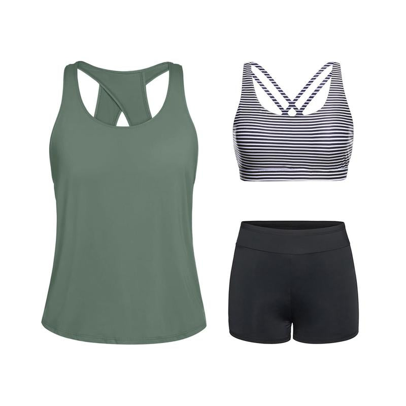 Tempt Me Three Piece Tankini Swimsuits for Women Athletic Bathing Suits Swim Tank Top with Boy Shorts and Bra Modest Swimwear #Outdoorfun Fathersdaygift
